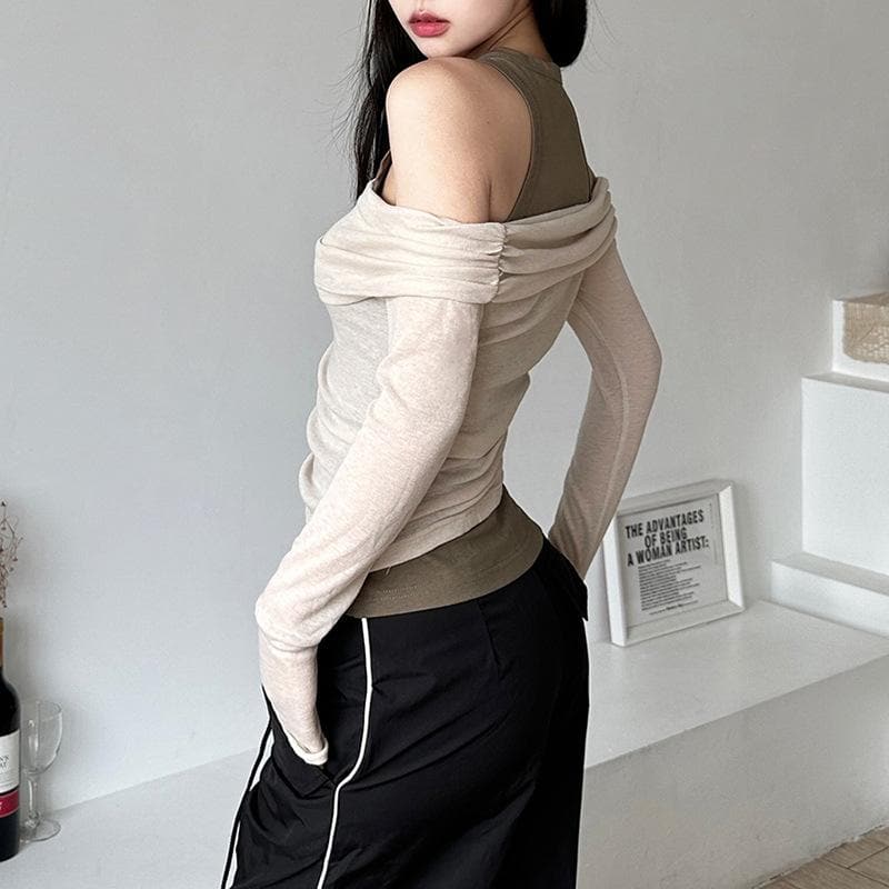 Contrast long sleeve 2-way off shoulder 2 piece top