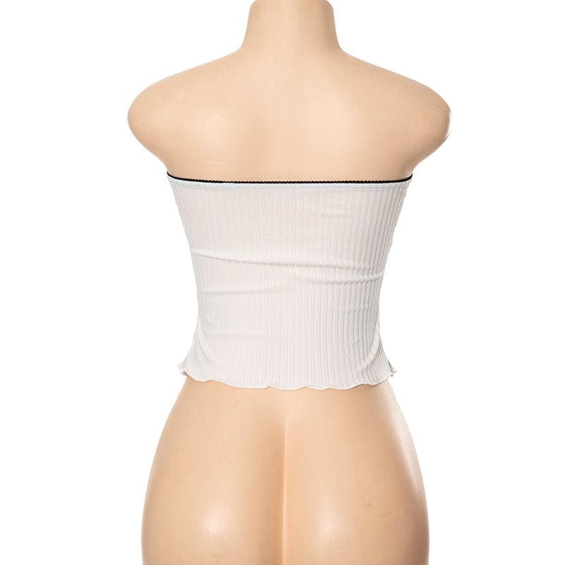 Bowknot lace hem ribbed patchwork slit backless ruffle tube top  | Festival Outfits Women