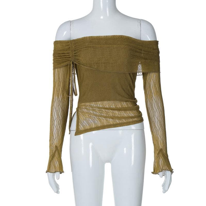 Long flared sleeve off shoulder drawstring ruched mesh top  | Festival Outfits Women
