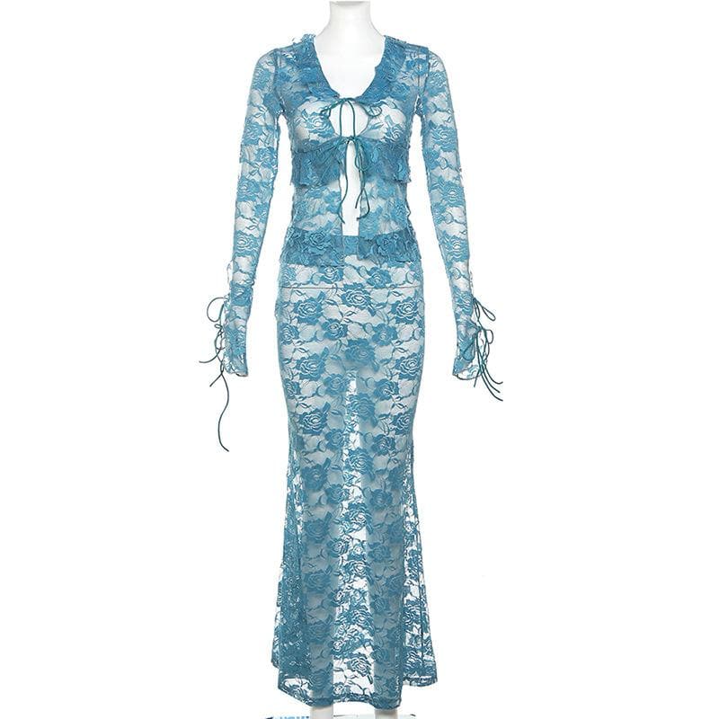 Lace see through self tie long sleeve ruffle maxi skirt set-final-sale