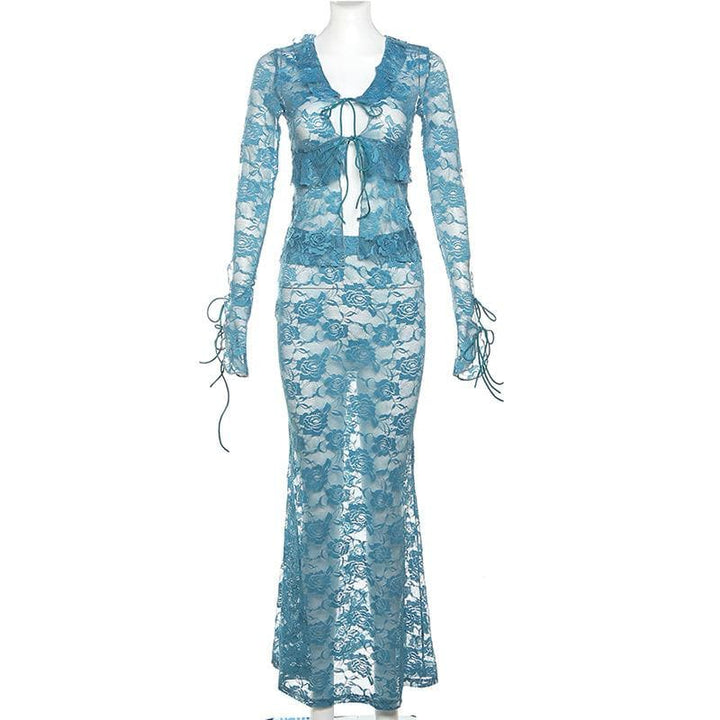 Lace see through self tie long sleeve ruffle maxi skirt set-final-sale