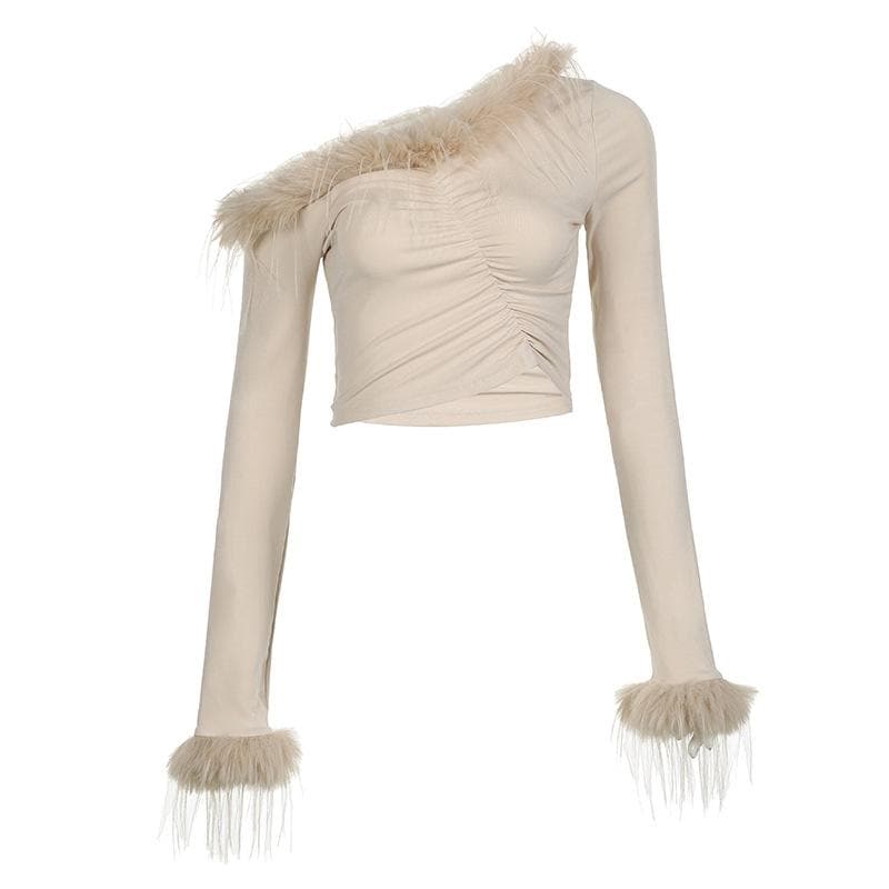 Feather irregular long sleeve ruched off shoulder crop top  | Festival Outfits Women