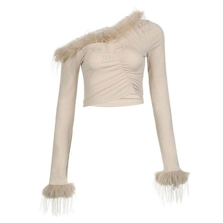 Feather irregular long sleeve ruched off shoulder crop top  | Festival Outfits Women