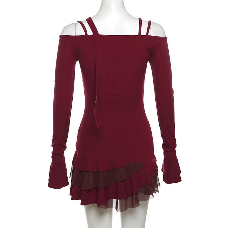 Metal chain button ruffle contrast off shoulder long sleeve mini dress  | Festival Outfits Women