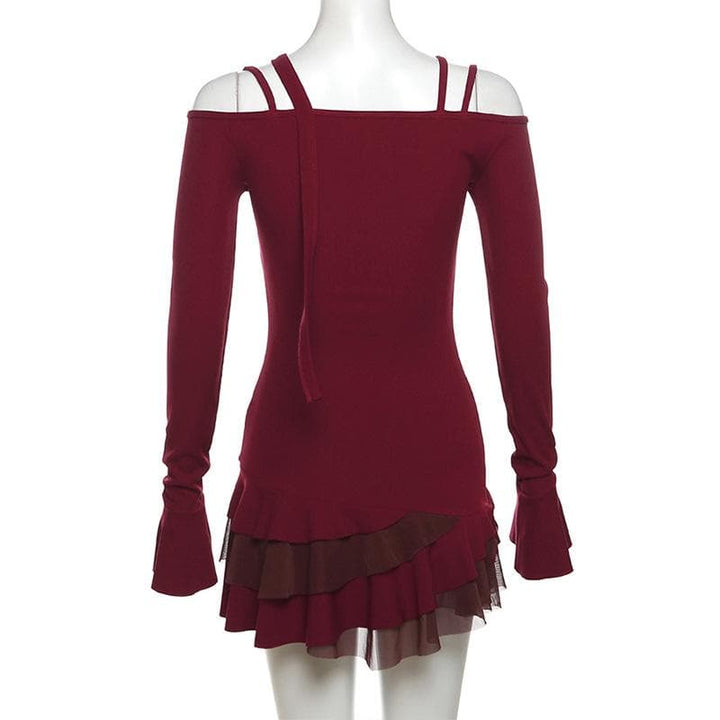Metal chain button ruffle contrast off shoulder long sleeve mini dress  | Festival Outfits Women