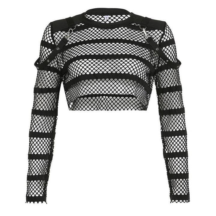Hollow out long sleeve fishnet see through buckle solid crop cut out top
