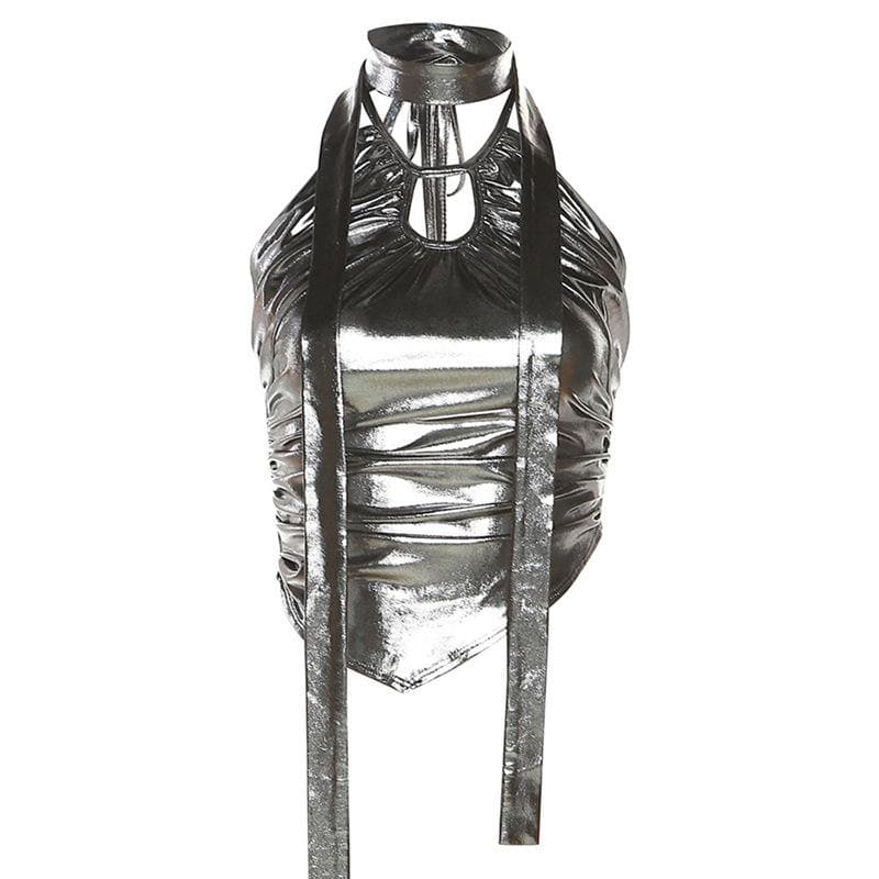 Metallic halter backless hollow out irregular ruched crop cut out top-final-sale