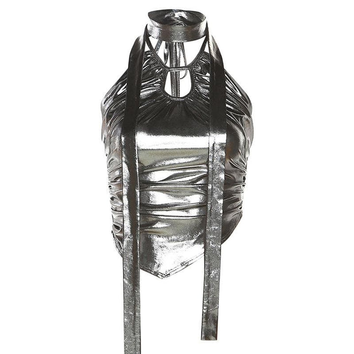 Metallic halter backless hollow out irregular ruched crop cut out top-final-sale