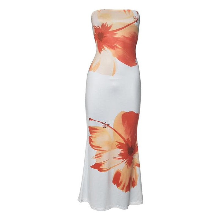 Satin flower print backless contrast tube midi dress  | Festival Outfits Women