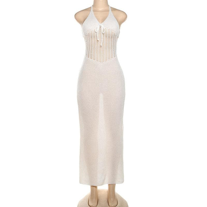 Knitted hollow out see through halter cut out maxi dress  | Festival Outfits Women