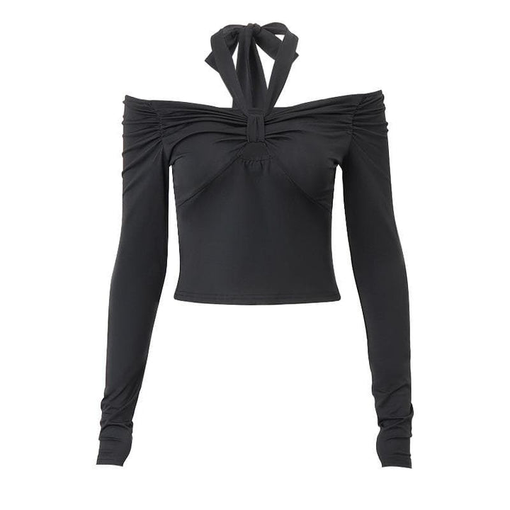 Long sleeve off shoulder halter ruched backless solid hollow out cut out top  | Festival Outfits Women