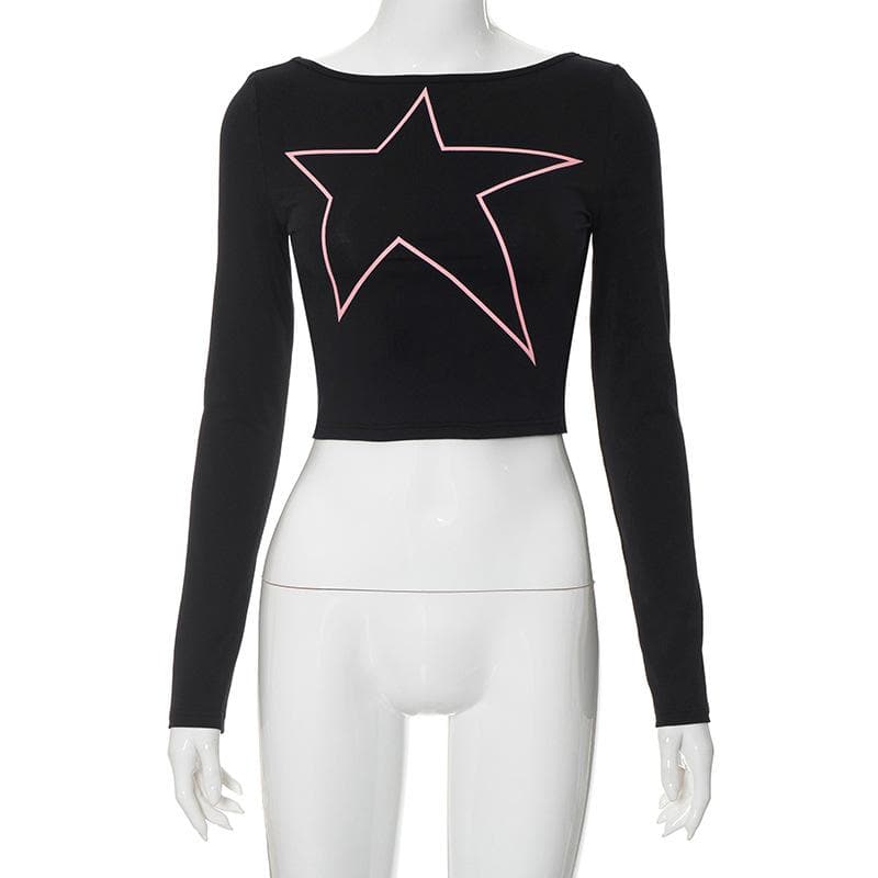 Long sleeve star pattern backless contrast crop top  | Festival Outfits Women