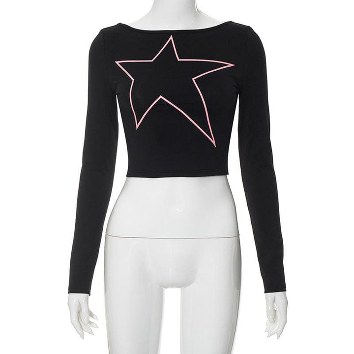 Long sleeve star pattern backless contrast crop top  | Festival Outfits Women