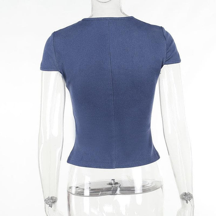 Short sleeve crewneck hollow out denim self tie cut out top  | Festival Outfits Women