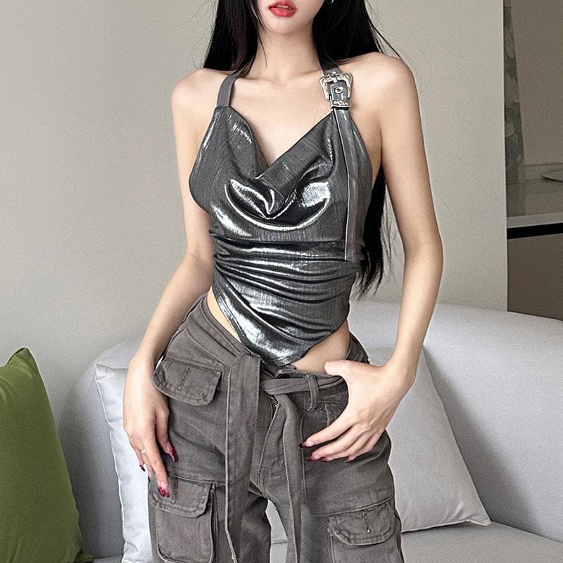 Metallic cowl neck buckle halter ruched backless top  | Festival Outfits Women