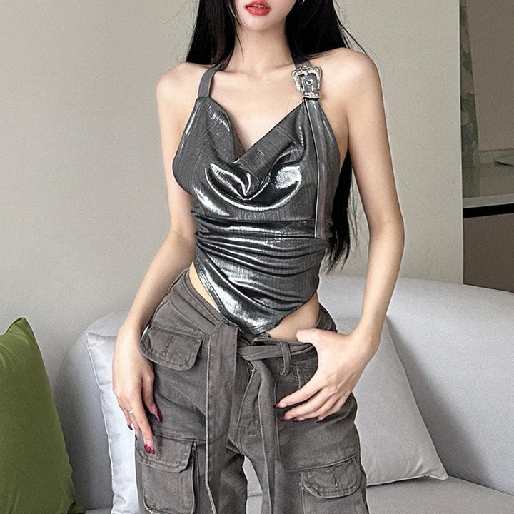 Metallic cowl neck buckle halter ruched backless top  | Festival Outfits Women