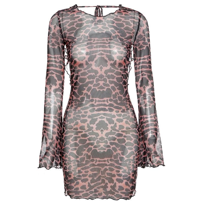 Sheer mesh leopard print contrast see through self tie backless mini d   Halibuy