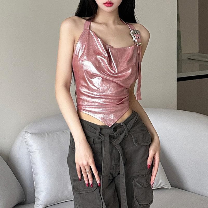 Metallic cowl neck buckle halter ruched backless top  | Festival Outfits Women