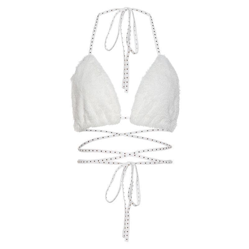 Tie back halter fluffy top - Halibuy