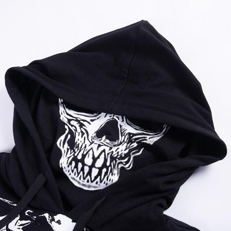 Long sleeve hoodie skeleton print buckle gloves contrast shrug top  | Festival Outfits Women