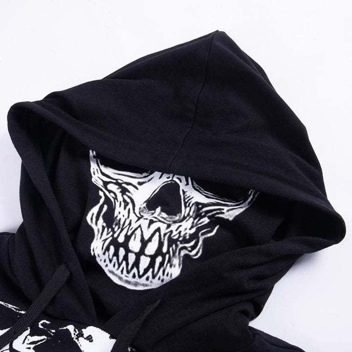 Long sleeve hoodie skeleton print buckle gloves contrast shrug top  | Festival Outfits Women