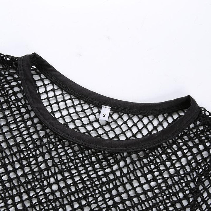 Round neck long sleeve tie back fishnet top
