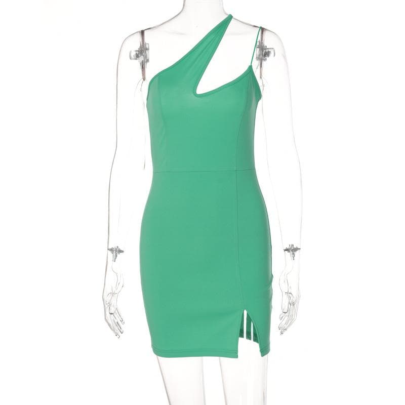 Hollow out slit solid sleeveless one shoulder backless cut out mini dress