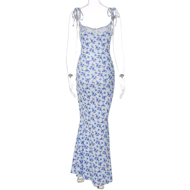 Flower print self tie backless mermaid hem maxi dress