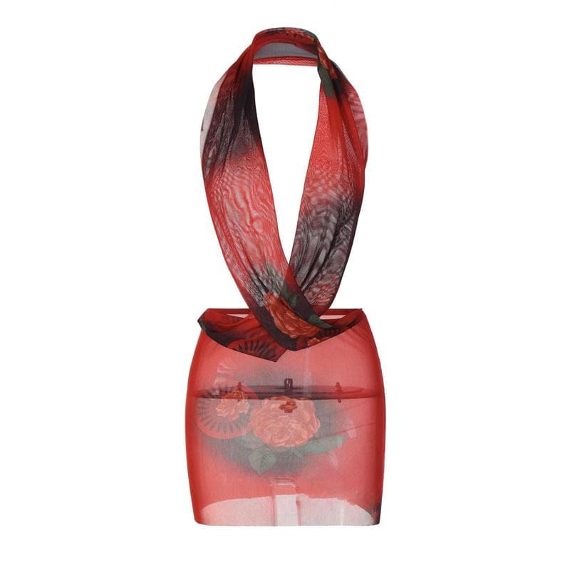 Sheer mesh see through cross front low cut halter backless mini dress