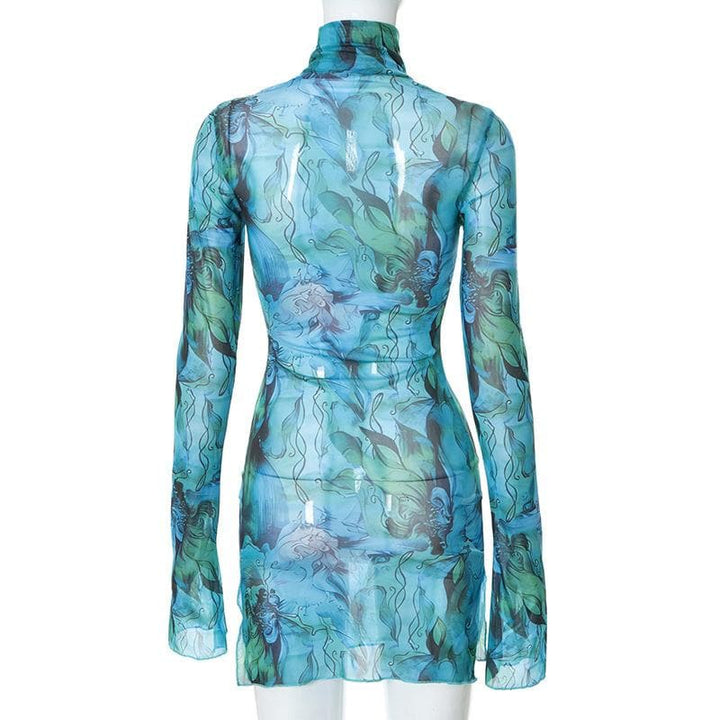 Sheer mesh see through print high neck slit long sleeve mini dress