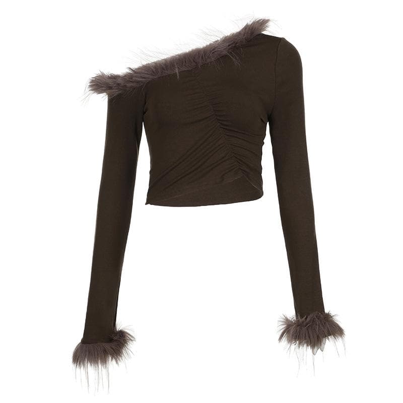 Feather irregular long sleeve ruched off shoulder crop top  | Festival Outfits Women