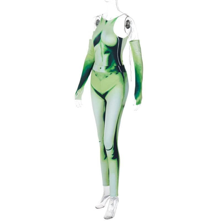 Body pattern contrast gloves self tie backless bodysuit pant set