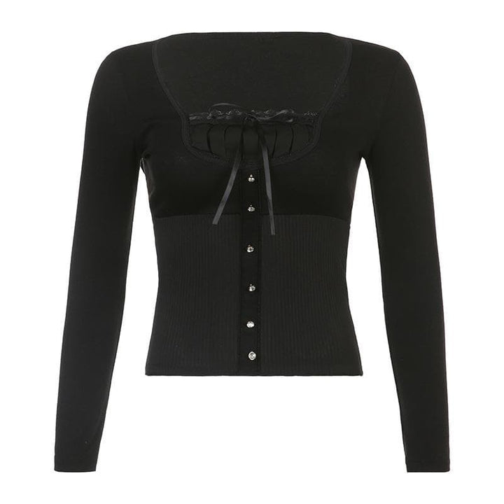 Solid long sleeve lace hem button self tie top