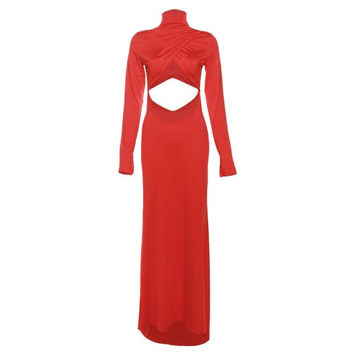 Hollow out solid long sleeve high neck zip-up cut out maxi dress  | Festival Outfits Women