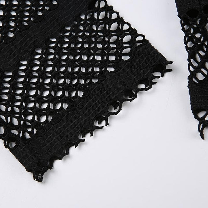 Hollow out long sleeve fishnet see through buckle solid crop cut out top