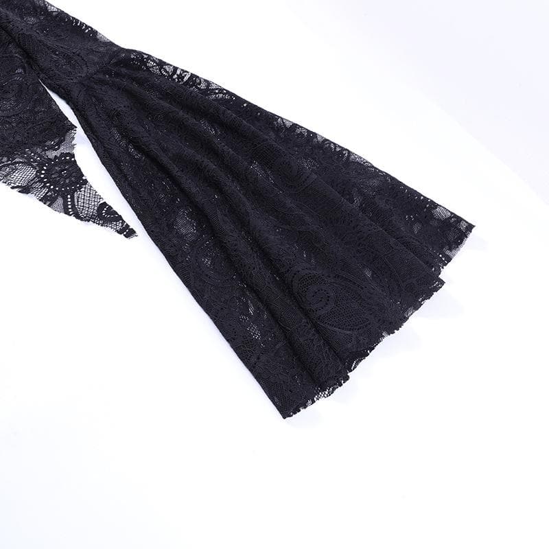Flared sleeve lace slit v neck solid crop top-final-sale