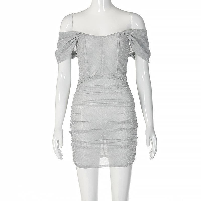 Corset off shoulder textured ruched see through mini dress  | Festival Outfits Women
