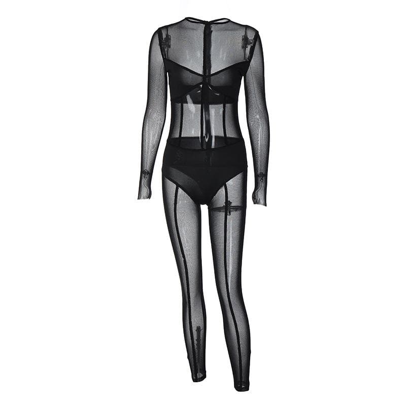 Mesh patchwork zip-up solid long sleeve jumpsuit  | Festival Outfits Women