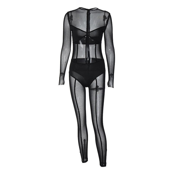 Mesh patchwork zip-up solid long sleeve jumpsuit  | Festival Outfits Women