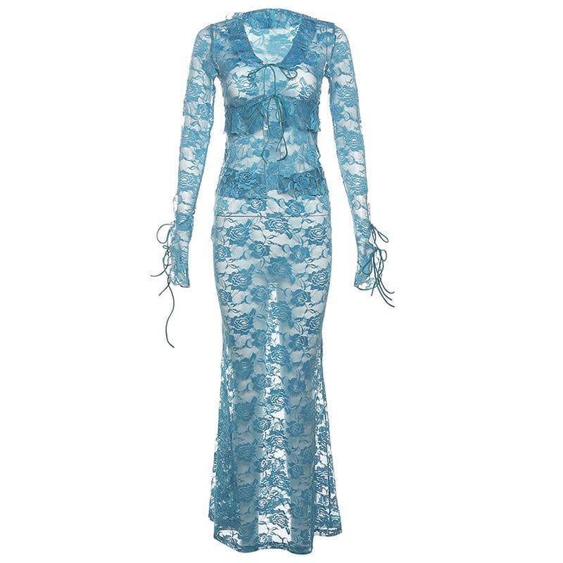 Lace see through self tie long sleeve ruffle maxi skirt set-final-sale