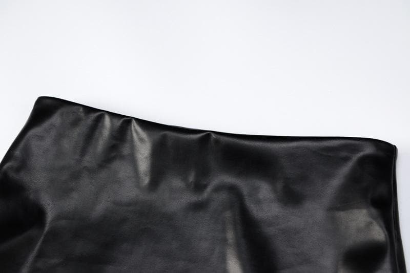 Mesh solid notch neck gloves PU leather slit cami backless mini skirt set Cargo Mini Skirt