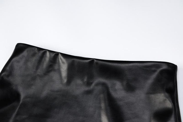 Mesh solid notch neck gloves PU leather slit cami backless mini skirt set Cargo Mini Skirt