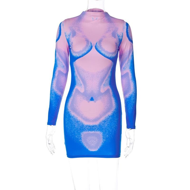 Long sleeve abstract contrast turtle neck mini dress