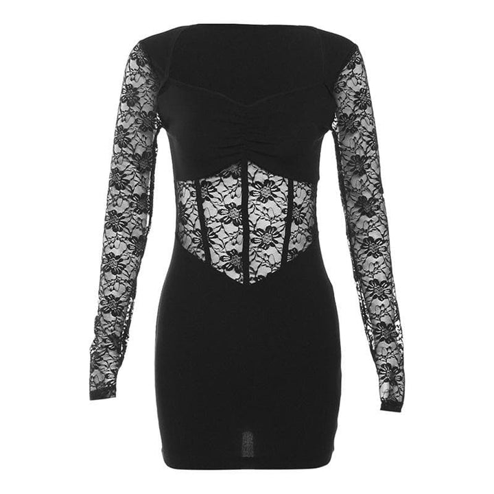 Lace patchwork corset long sleeve solid ruched mini dress  | Festival Outfits Women