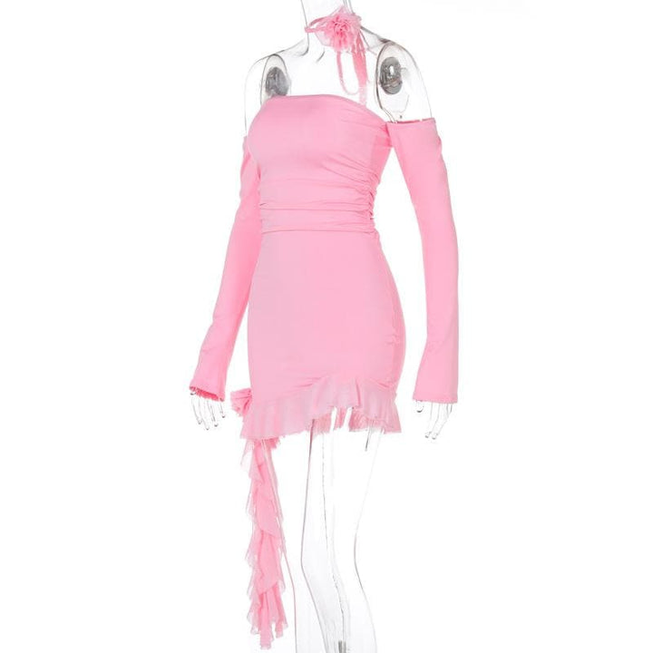 Long sleeve off shoulder flower applique ruffle ruched mini dress  | Festival Outfits Women