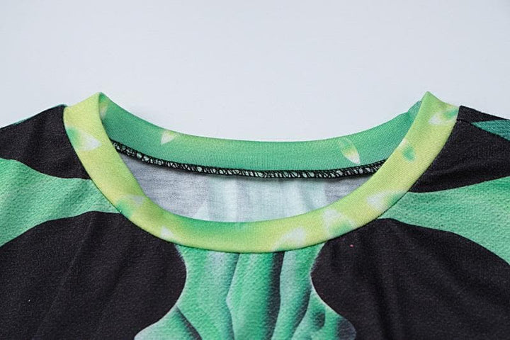 Long sleeve contrast abstract print round neck midi dress-final-sale