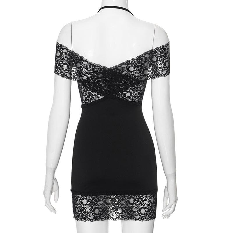 Halter off shoulder lace see through patchwork mini dress  | Festival Outfits Women