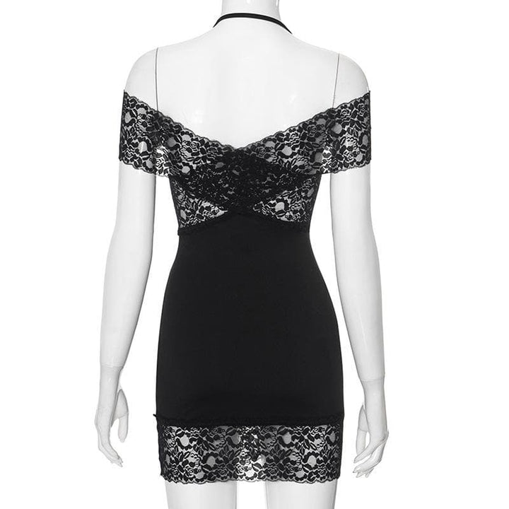 Halter off shoulder lace see through patchwork mini dress  | Festival Outfits Women