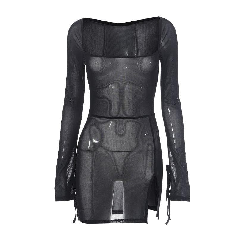 Sheer mesh see through square neck slit long sleeve mini dress-final-sale