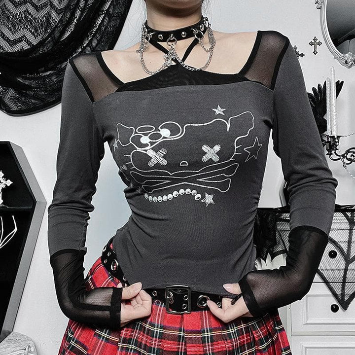 Long sleeve halter cat pattern mesh patchwork stitch top  | Festival Outfits Women